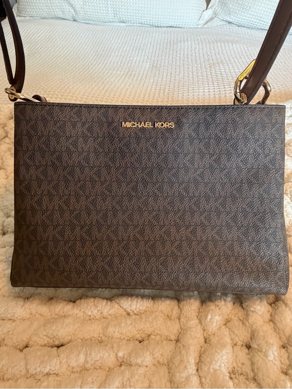 Michael Kors Dark Brown Signature Slim Crossbody with Gold Logo - Picture 4 of 7
